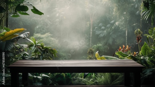 An image of a foggy morning in the jungle with a wooden table.