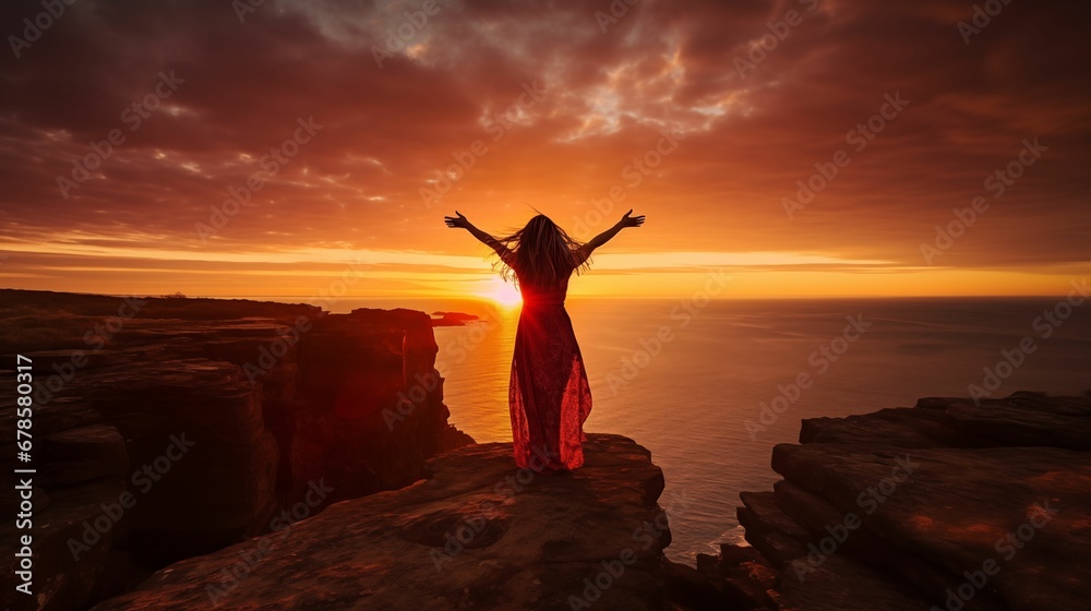 An image of a woman stands on the edge of a cliff with her arms outstretched against the backdrop of a sunset.