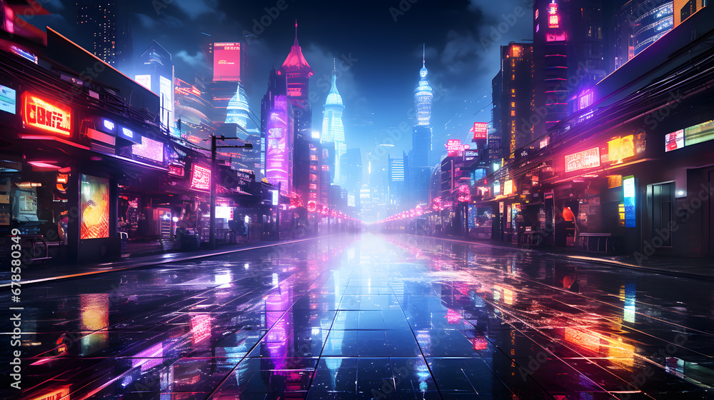 An electrifying shot of a cityscape at night, with neon signs and illuminated buildings creating a striking urban color palette.