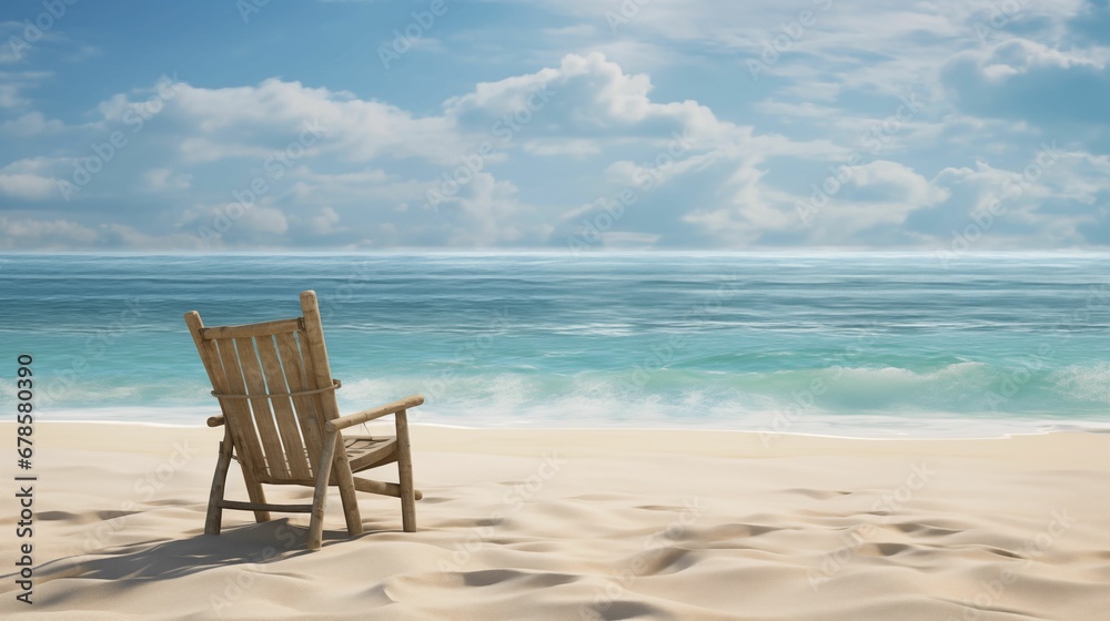 An image of an empty sun lounger on the sandy shore of a tropical beach.