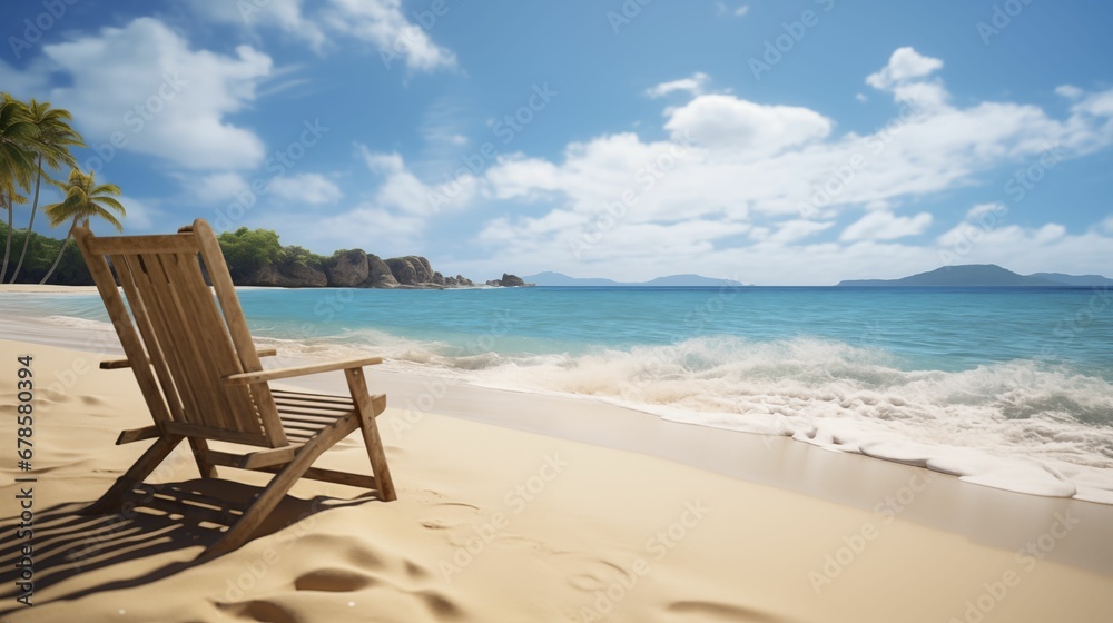 An image of an empty sun lounger on the sandy shore of a tropical beach.