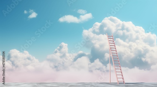 An image of a staircase leading to fluffy clouds in a bright blue sky.