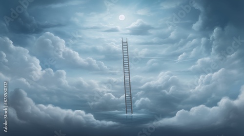 An image of a staircase leading to fluffy clouds in a bright blue sky.