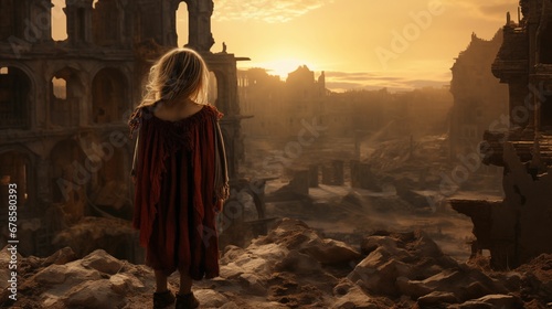 An image of an orphan child stands in front of the ruins. photo