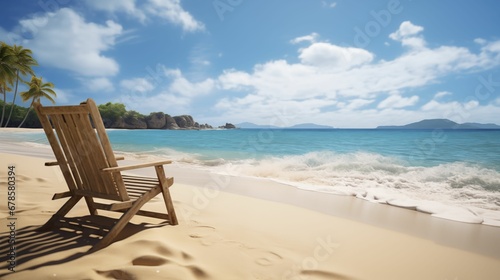 An image of an empty sun lounger on the sandy shore of a tropical beach. © kept