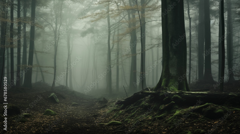 Naklejka premium An image of thick fog covering a dense forest and trees.