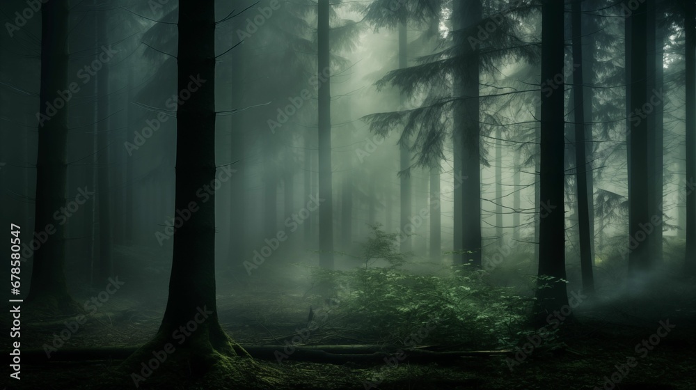 Obraz premium An image of thick fog covering a dense forest and trees.