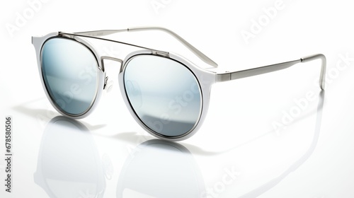 An image of sunglasses with silver trim on a white background.