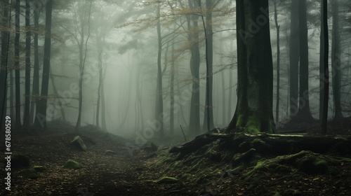 An image of thick fog covering a dense forest and trees. photo