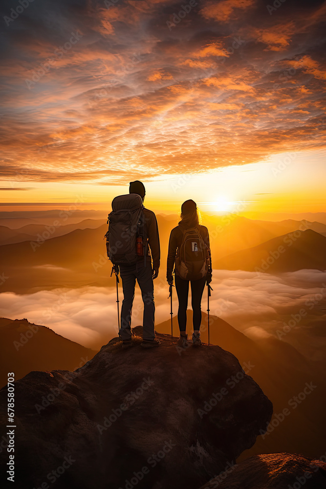 Couple of man and woman hikers on top of a mountain at sunset or sunrise, together enjoying their climbing success and the breathtaking view, looking towards the horizon. Generative AI