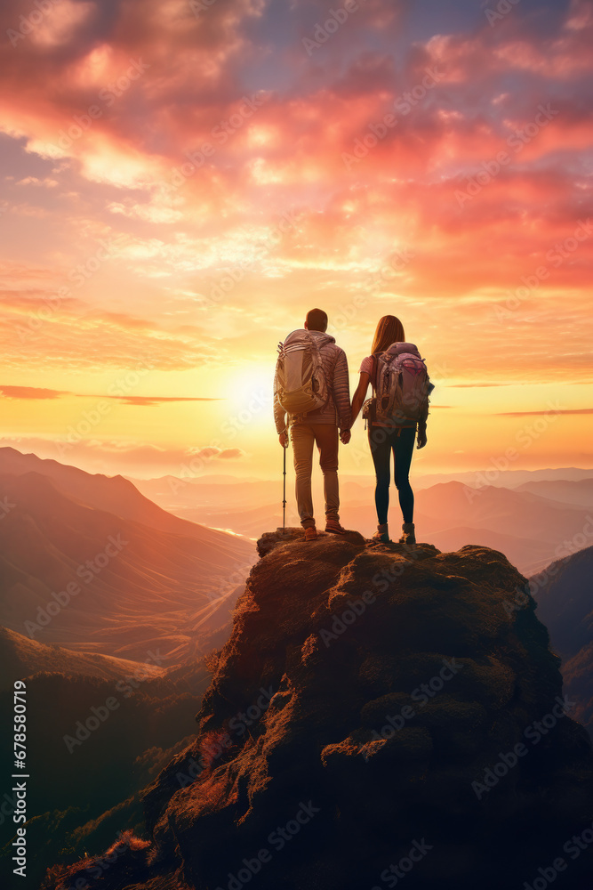 Couple of man and woman hikers on top of a mountain at sunset or sunrise, together enjoying their climbing success and the breathtaking view, looking towards the horizon. Generative AI