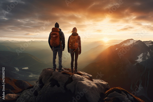 Couple of man and woman hikers on top of a mountain at sunset or sunrise  together enjoying their climbing success and the breathtaking view  looking towards the horizon. Generative AI