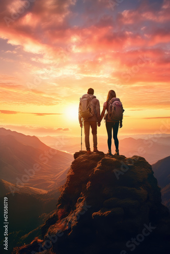 Couple of man and woman hikers on top of a mountain at sunset or sunrise, together enjoying their climbing success and the breathtaking view, looking towards the horizon. Generative AI