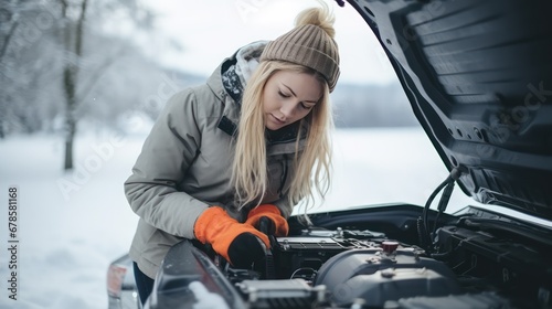 A young woman repairs a car in winter on the snow in the background. The foreground is a dead battery.