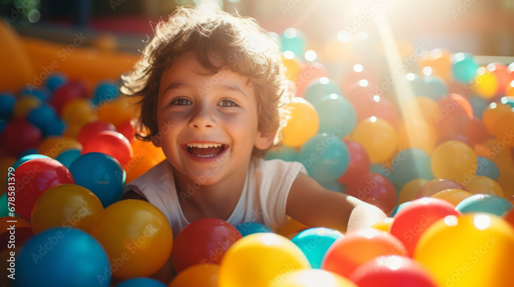 Portrait of happy kid child playing at balls pool playground, boy playing with multicolored plastic balls in big dry paddling pool at a playing centre