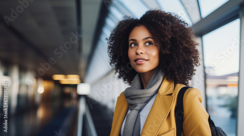 Black afro American businesswoman on business trip in a transportation hub such as an airport showcasing resilience and adaptability, the woman dedication to her professional responsibilities