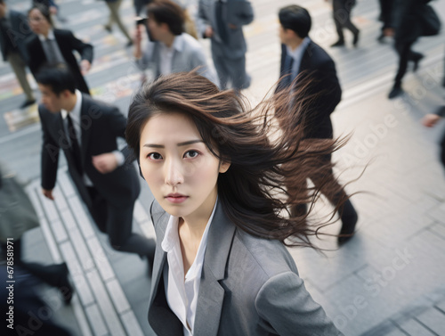 Thoughtful Japanese professional in a stylish suit, walking through a bustling business district with a determined expression on her face, navigating through the crowd on a windy day. 