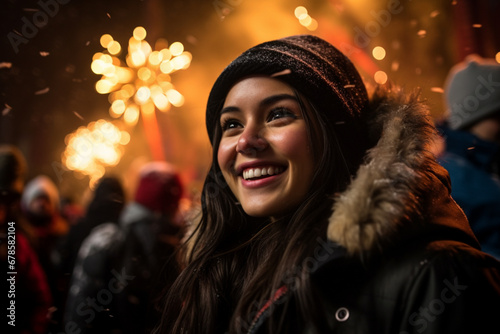 portrait of a young girl with a smiley face celebrating New Year Eve fireworks going on for new year eve celebration