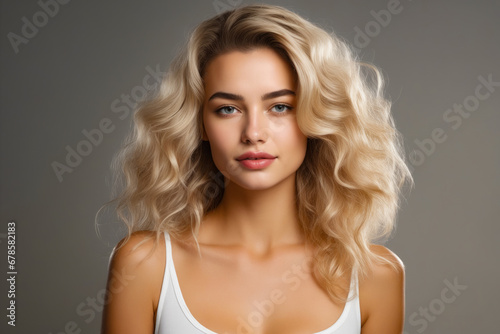 Woman with blonde hair and white bra top on.