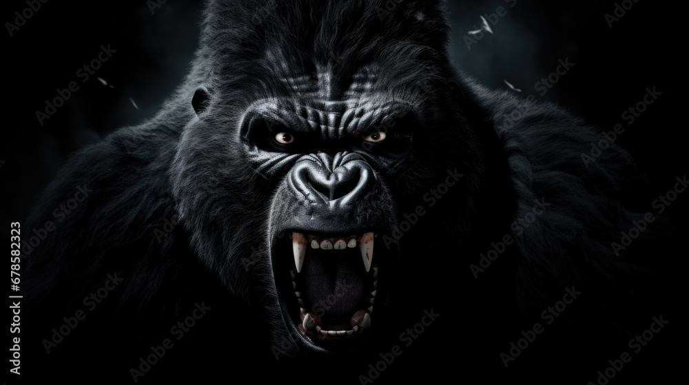 Silverback - adult male of a gorilla face. A gorilla appears to be angry, mouth open, yawning. - obrazy, fototapety, plakaty 