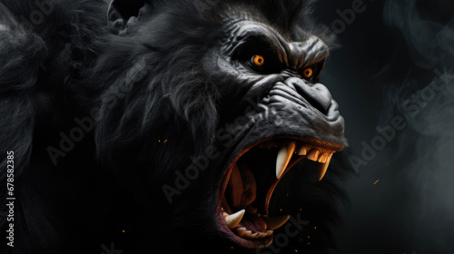 Silverback - adult male of a gorilla face. A gorilla appears to be angry, mouth open, yawning.