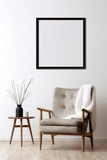 Scandinavian white living room with armchair and wall art poster frame 