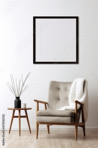 Scandinavian white living room with armchair and wall art poster frame 