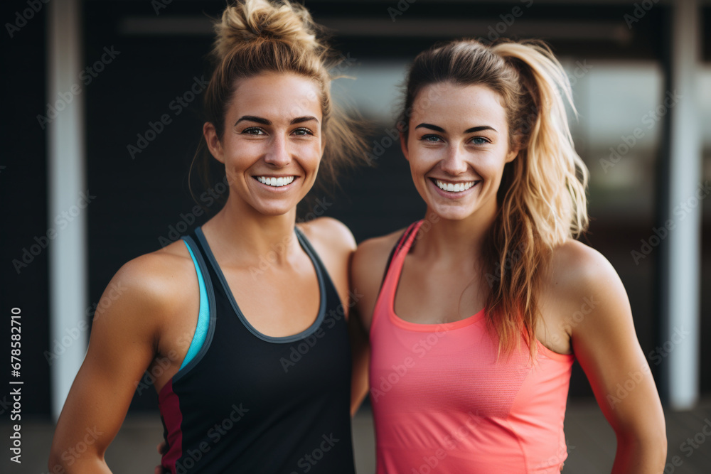 Fitness Joy: Female Friends Celebrating Healthy Living, Sporting Smiles in Activewear, Embracing the Vibrancy of an Active Lifestyle Together