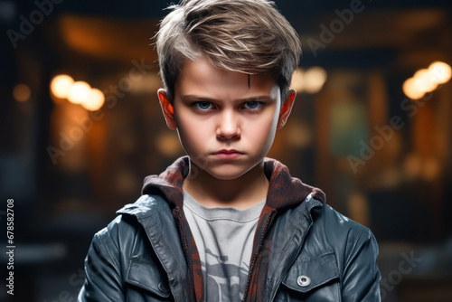Young boy with leather jacket and serious look. photo