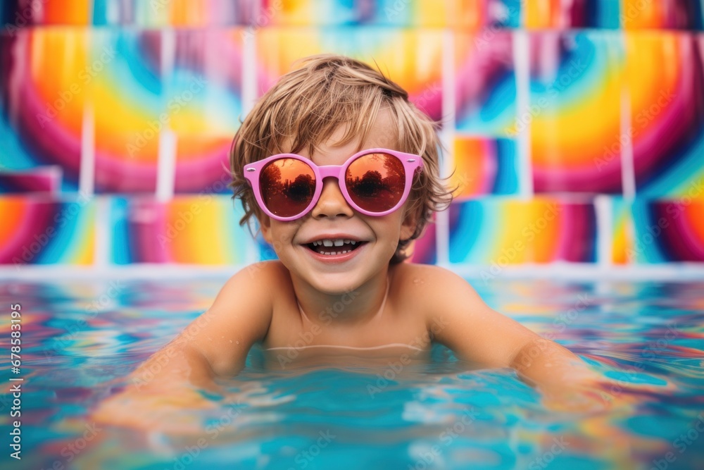 Naklejka premium Radiant Refreshment: Child with Sunglasses Enjoys Poolside Entertainment