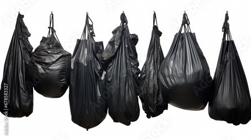 plastic bags black for bin garbage, bag for trash waste, garbage, rubbish, plastic bag pile isolated on white background.