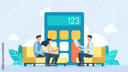 Family planning their budget. Seller, financial consultant, deal. Calculator. Man and woman engaged in accounting, financial analysis, calculation of expenses and income. Payment. Vector illustration