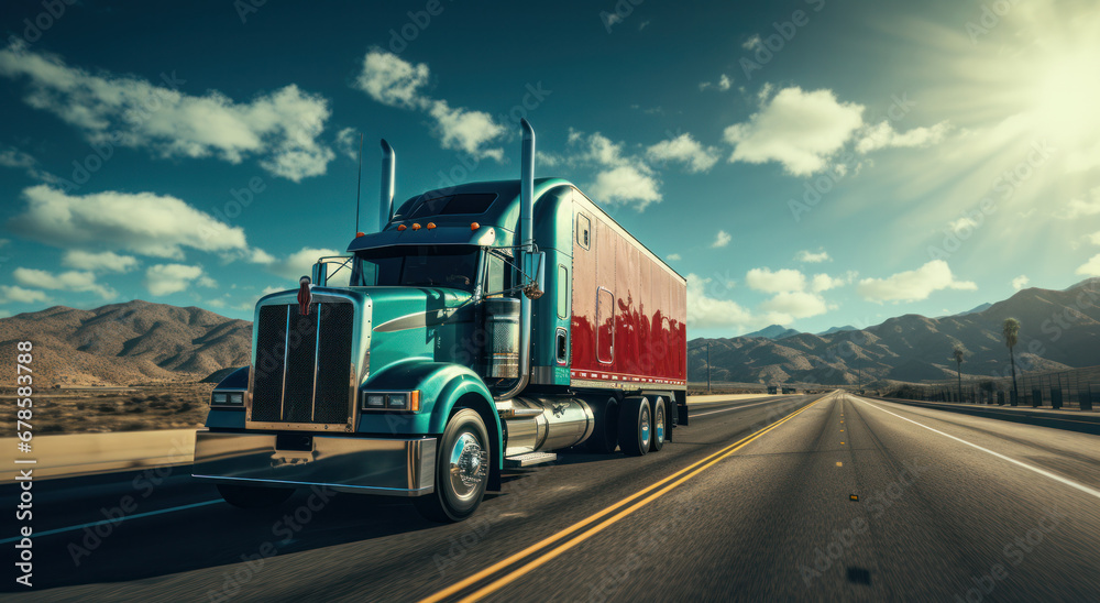 a truck driving down a road with good weather, Freight transportation, Generative AI