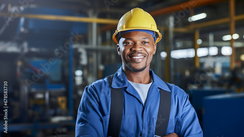 Portrait of african american industrial engineer in hard hat. Work at the heavy industry manufacturing factory. Industrial worker indoors in factory. 
 photo