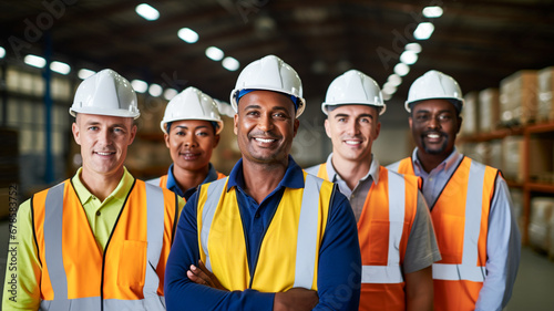 Team or group of workers in factory, engineers or architects wearing hard hats and reflective vests.