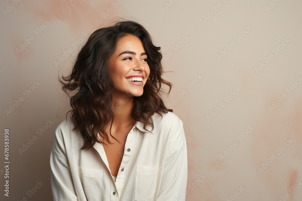 Radiant Glow: Happy Young Woman Gazing Away with a Joyful Smile, Standing Confidently in a Studio Background, Capturing a Moment of Contentment