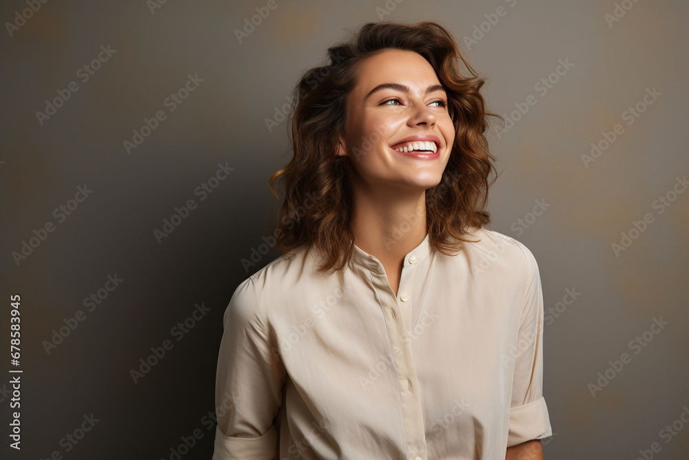 Radiant Glow: Happy Young Woman Gazing Away with a Joyful Smile, Standing Confidently in a Studio Background, Capturing a Moment of Contentment Radiant Glow: Happy Young Woman Gazing Away with a Joyful Smile, Standing Confidently in a Studio Background, Capturing a Moment of Contentment