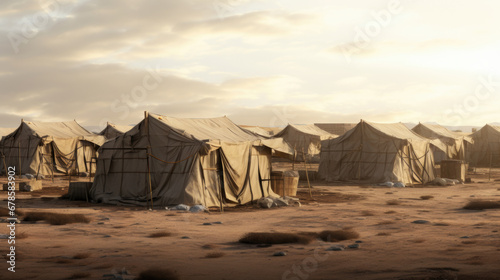 Camp of tents in the desert. Sand landscape