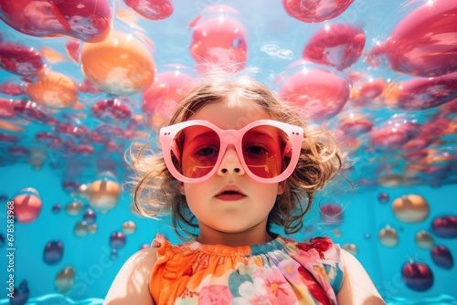 Adorable Splash: Child in Sunglasses Delights in Pool Entertainment