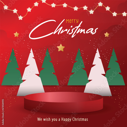 Merry Christmas banner with product display cylindrical shape and festive decoration for christmas