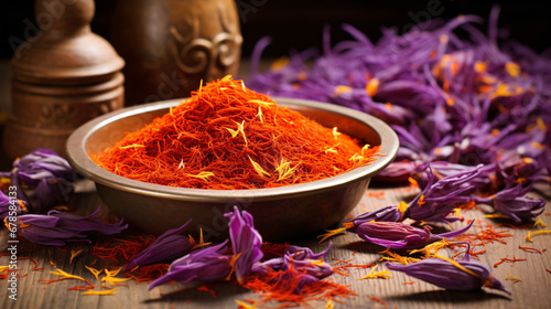 Saffron is a spice derived from the flower of Crocus photo