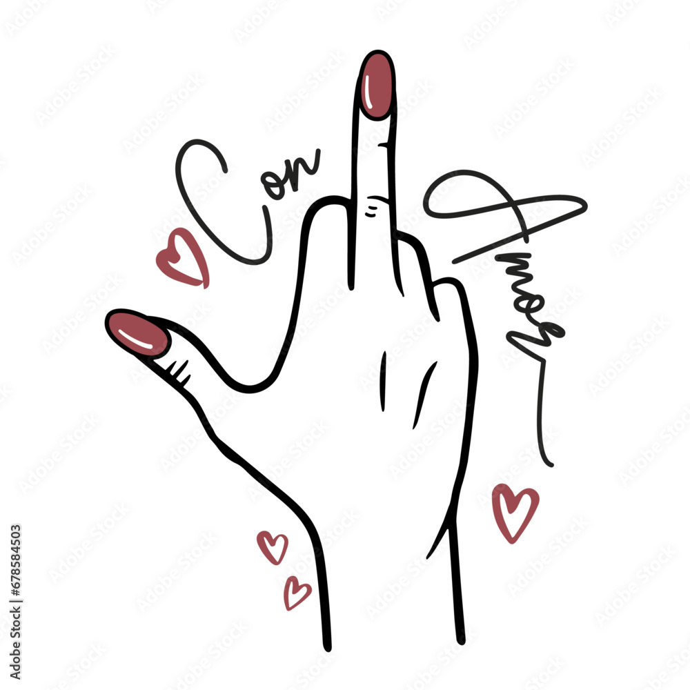 Con amor lettering en castellano, a la mierda, dibujo  mano con el  dedo medio levantado, icono, vector, irónico, composición gráfica - obrazy, fototapety, plakaty 