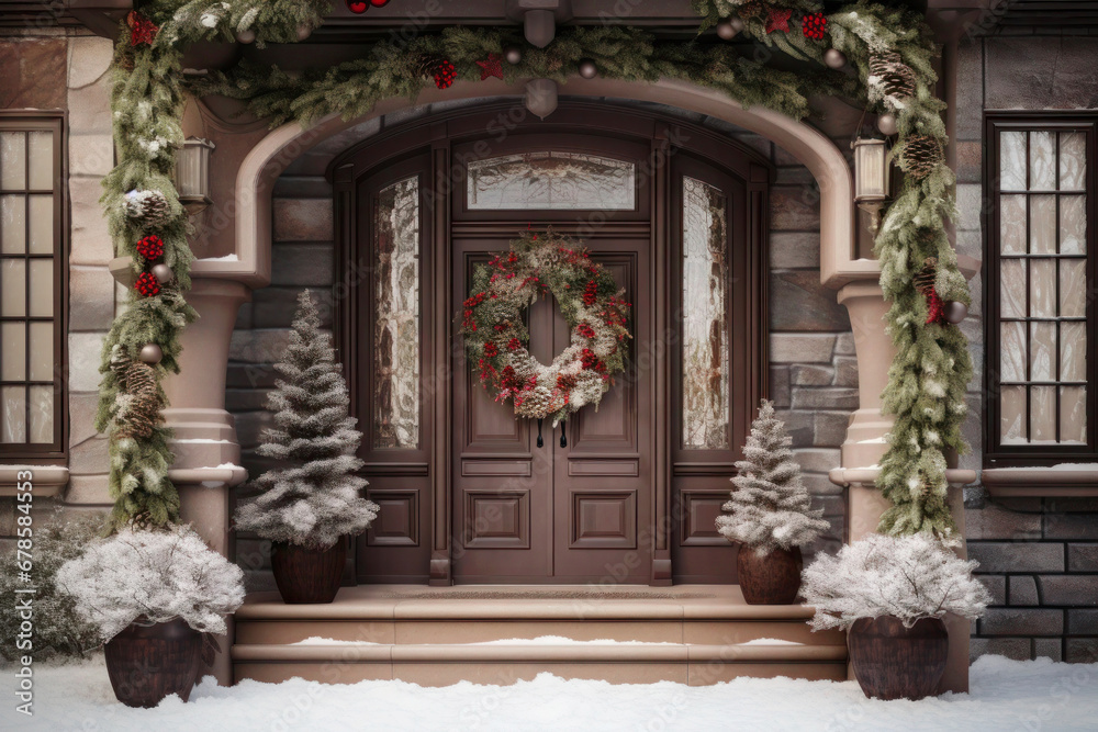 Christmas wreath on brown front door with winter decor on door steps Christmas wreath on brown front door with winter decor on door steps