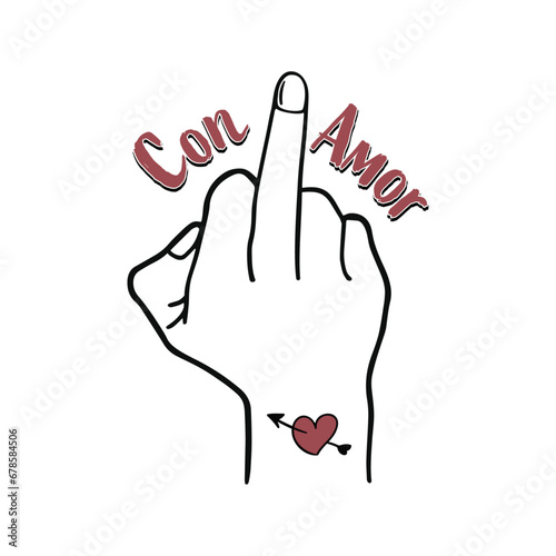 Con amor lettering en castellano, a la mierda, dibujo  mano con el  dedo medio levantado, icono, vector, irónico, composición gráfica