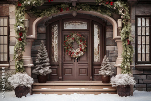 Christmas wreath on brown front door with winter decor on door steps
