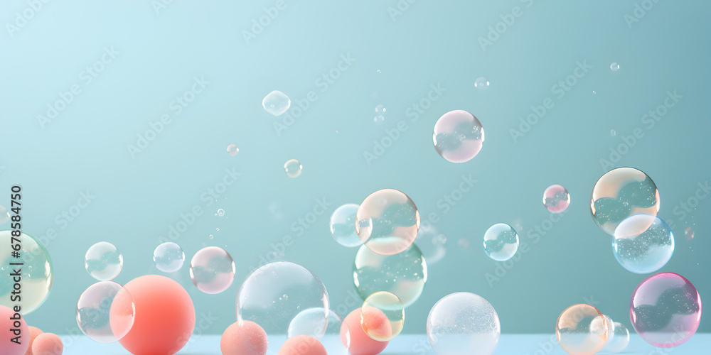 Transparent abstract soap bubbles on blue background 