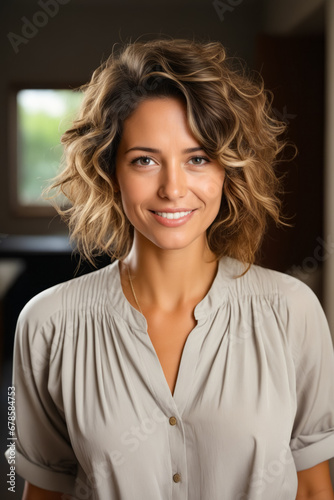 Woman with smile on her face and brown shirt.