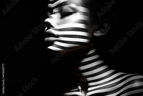 Woman with striped face and body painted black and white.