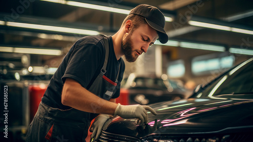 Auto mechanic is repairing car in service center. © Katewaree