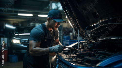 Auto mechanic is repairing car in service center. © Katewaree